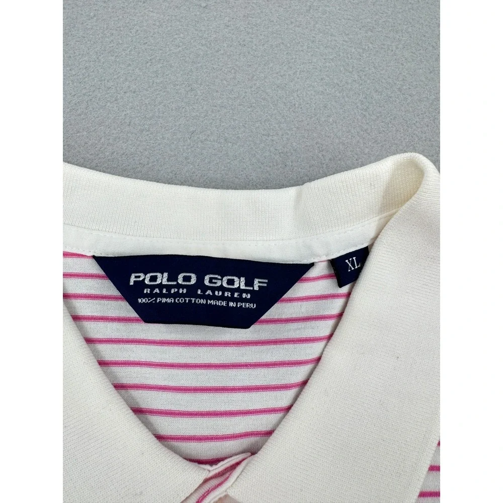 Polo Golf Ralph Lauren Mens XL Pink‎ Striped Short Sleeve Performance Polo Logo